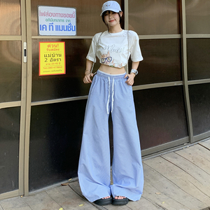 蓝色条纹阔腿裤男女薄慵懒风百搭高腰显瘦宽松休闲长裤YD9010-P55图片