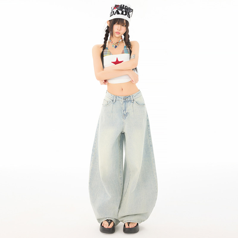 浅蓝色阔腿牛仔裤女2025新款高腰宽松显瘦小个子直筒裤YD9022-P70,男装牛仔裤,星座509