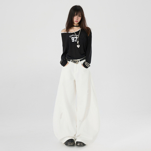 美式破洞弯刀裤女2025秋季宽松拼接高个子阔腿牛仔裤YD9007-P75图片
