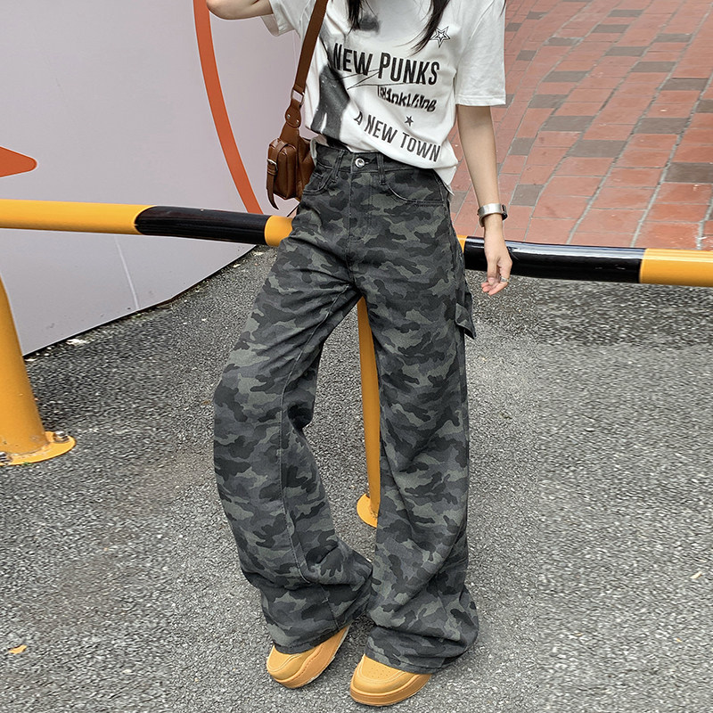 美式复古迷彩阔腿牛仔裤男女秋季新款宽松直筒拖地裤子YD6601-P45,男装牛仔裤,星座509
