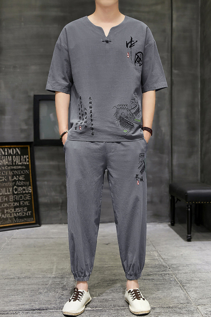 夏季棉麻套装男亚麻短袖t恤休闲半袖唐装汉服中国风衣服DS32-P45,男装T恤,星座509