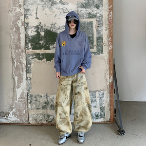 美式复古泥染脏洗baggy牛仔裤男女水洗做旧宽松弯刀裤YD9033-P80图片