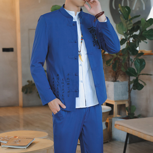 中山装男青年套装男士风汉服龙刺绣唐装立领外套潮Y,黑色旗袍裙子搭配红色蝴蝶结头饰图片