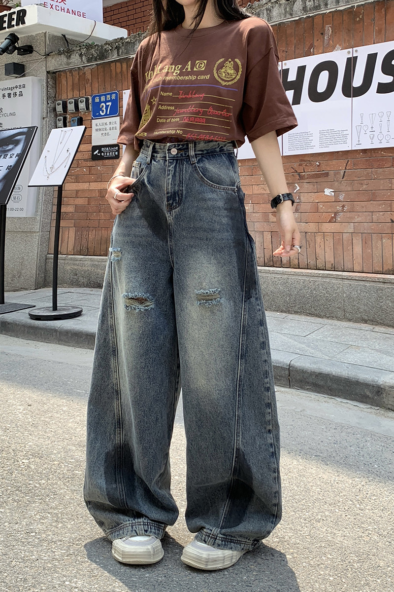 美式复古弯刀阔腿破洞牛仔裤男女高街宽松显瘦拖地裤子YD9005-P70,男装牛仔裤,星座509