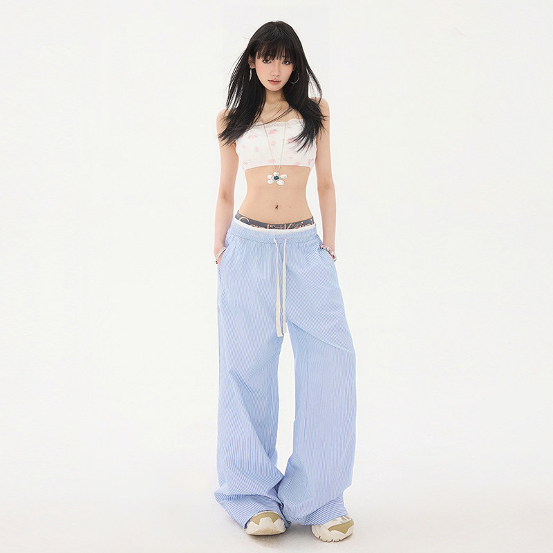 条纹休闲裤女2025秋季新款双腰抽绳设计慵懒宽松阔腿裤YD9010-P55,男装休闲裤,星座509