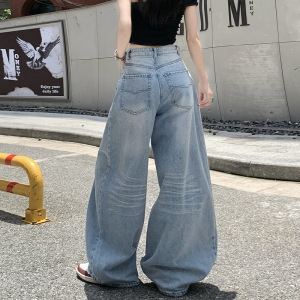 美式vibe复古阔腿牛仔裤男女秋季设计感直筒裤拖地长裤YD9027-P75图片
