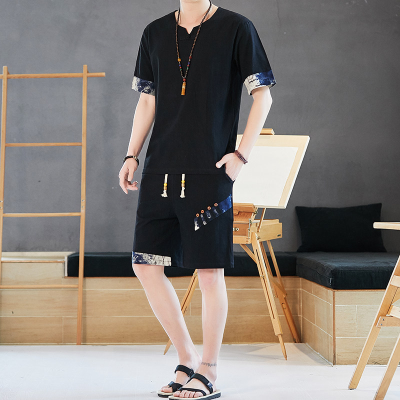 棉麻短袖套装夏季宽松薄款男士风男装半袖青年一套Y图片