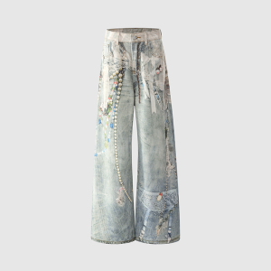 2025早秋新款时尚蕾丝珍珠装饰宽松阔腿直筒牛仔裤女YD9062-P75，女装牛仔裤，星座509