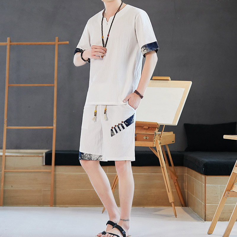 夏季亚麻短袖T恤套装男风汉服复古唐装棉麻两件套Y图片