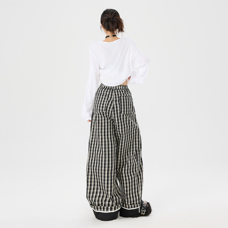 美式复古格纹撞色休闲裤男女同款秋季情侣宽松阔腿裤YD9056-P70,男装休闲裤,星座509