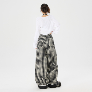 美式复古格纹撞色休闲裤男女同款秋季情侣宽松阔腿裤YD9056-P70图片