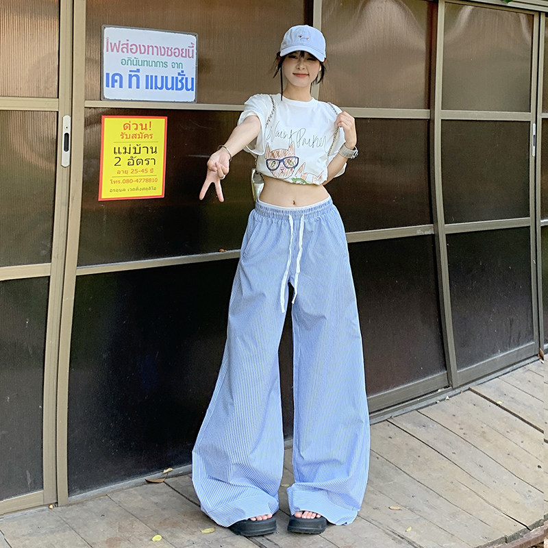 蓝色条纹阔腿裤男女薄慵懒风百搭高腰显瘦宽松休闲长裤YD9010-P55,男装休闲裤,星座509
