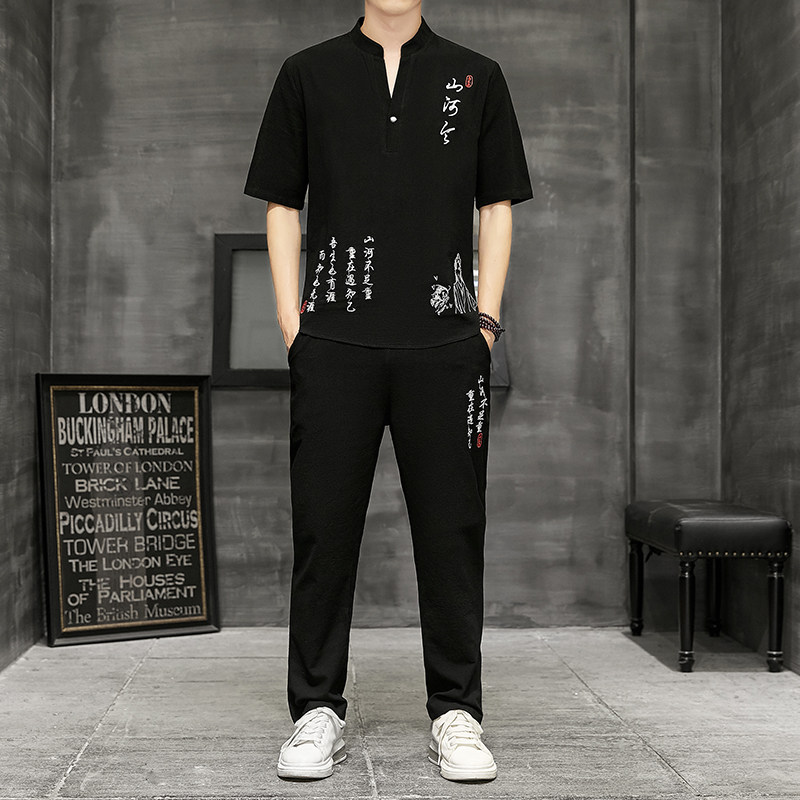 夏季中国风套装男棉麻短袖t恤男装古风衣服唐装宽松汉服YK512-P50图片
