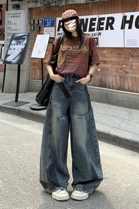 高街vibe泼墨弯刀牛仔裤男女秋季宽松破洞美式阔腿长裤YD9005-P70图片