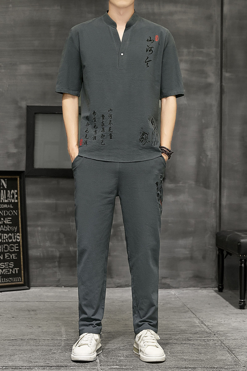 夏季棉麻短袖男套装中国风宽松大码汉服搭配九分裤一套YK512-P50,男装T恤,星座509