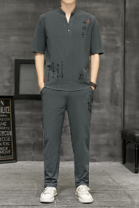 夏季棉麻短袖男套装中国风宽松大码汉服搭配九分裤一套YK512-P50图片