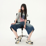 美式牛仔七分裤女2025春夏宽松直筒百搭显瘦阔腿裤YD703-P50，男装牛仔裤，星座509