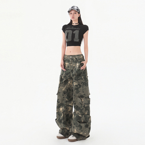 美式复古迷彩工装裤女秋季新款口袋宽松直筒阔腿裤子潮YD312-P90