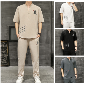中国风男装唐装夏季刺绣短袖t恤男V领半袖汉服两件套装YK515-P50图片