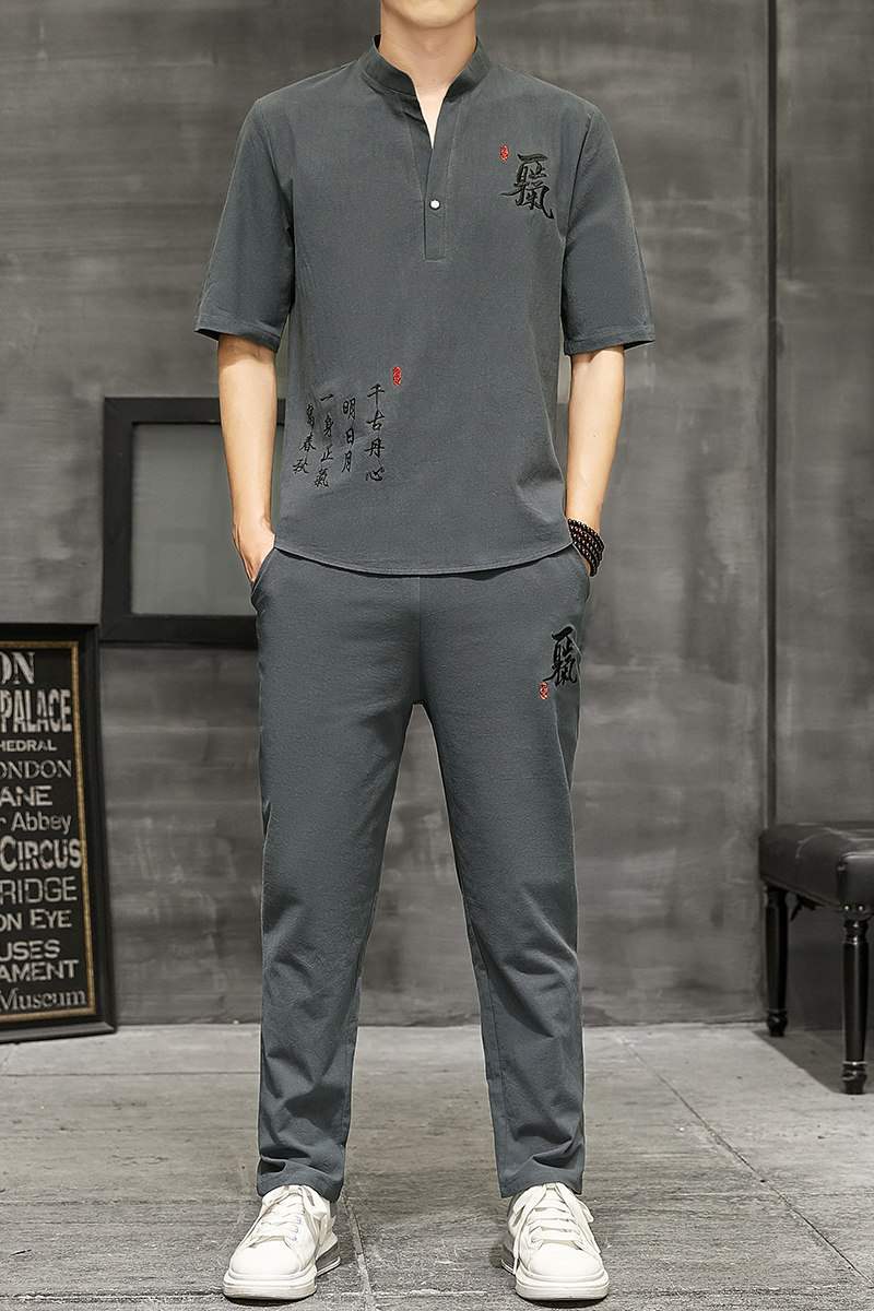 中国风男装唐装夏季刺绣短袖t恤男V领半袖汉服两件套装YK515-P50,男装T恤,星座509