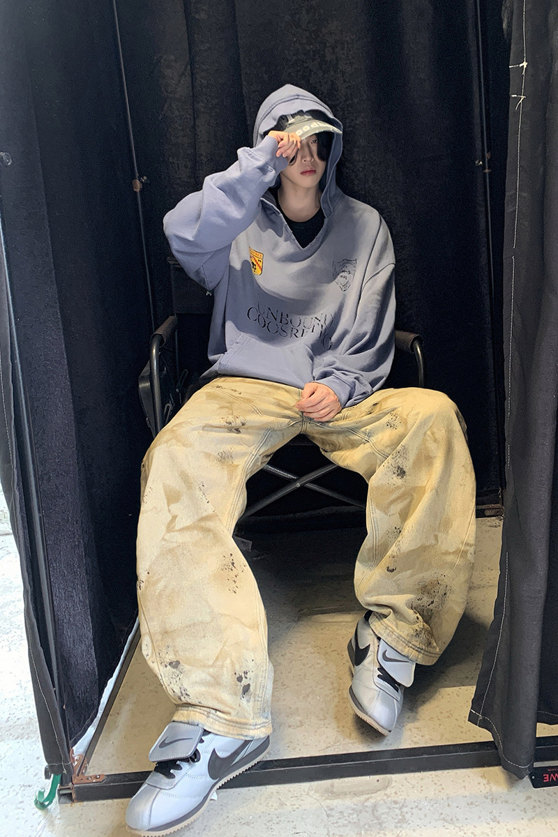美式复古泥染脏洗baggy牛仔裤男女水洗做旧宽松弯刀裤YD9033-P80,男装牛仔裤,星座509