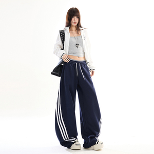 藏青三条杆撞色运动卫裤男女春季宽松松弛感阔腿弯刀裤YD9096-P65图片