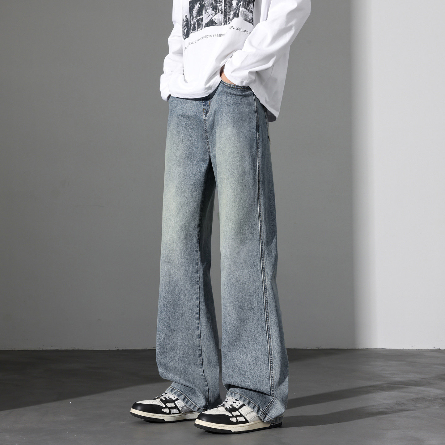 微喇牛仔长裤男款2026春季新款男生美式高街vibe弯刀裤J8065-P45，男装休闲裤，星座509