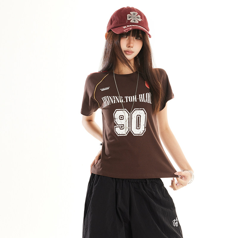 美式复古运动球衣风短袖t恤女夏季新款正肩修身短款上衣YD266-P35，男装T恤，星座509