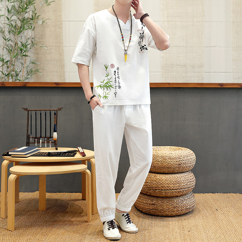 中国风男装夏季亚麻短袖t恤半袖汉服上衣服宽松两件套装DS31-P45,男装T恤,星座509