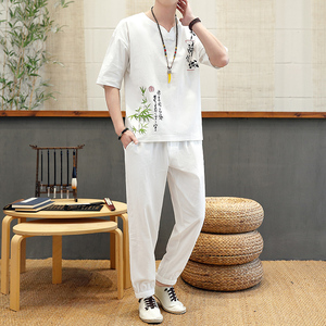 中国风男装夏季亚麻短袖t恤半袖汉服上衣服宽松两件套装DS31-P45,开门红搭配什么衣服好看图片