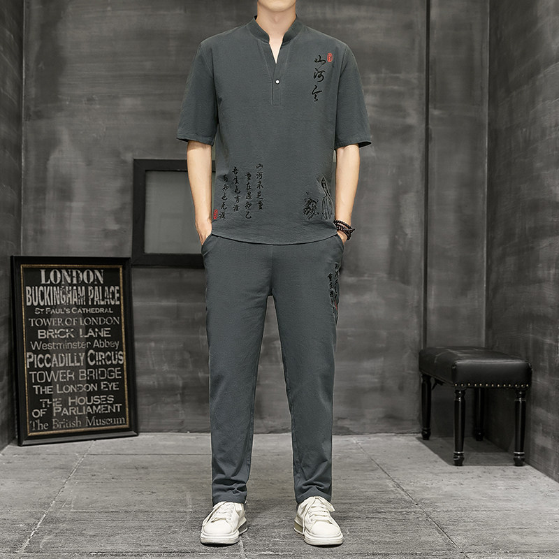 夏季棉麻短袖男套装中国风宽松大码汉服搭配九分裤一套YK512-P50图片