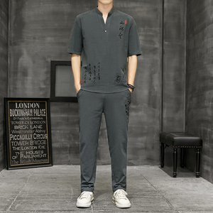 夏季棉麻短袖男套装中国风宽松大码汉服搭配九分裤一套YK512-P50图片