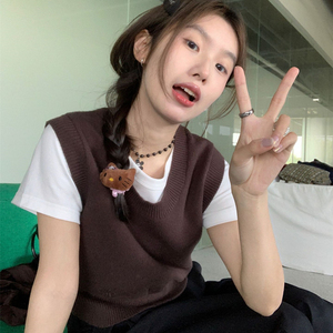 韩版U领针织马甲背心女短款小个子秋冬简约套头毛衣外搭叠穿上衣
