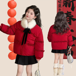 女童超好看冬装外套红色中大童洋气加绒短款棉服女孩加厚保暖棉衣