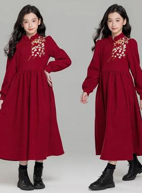 中大女童连衣裙红色中式拜年服2025新款儿童装加绒长裙洋气秋冬季