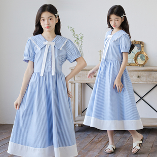 女童连衣裙夏季韩系清新甜美中大童蓝色裙子高级感儿童学院风长裙