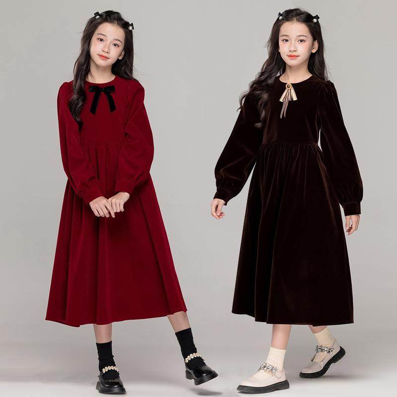 公主裙女童秋冬连衣裙儿童加绒裙子大童新年礼服裙冬季红色过年服
