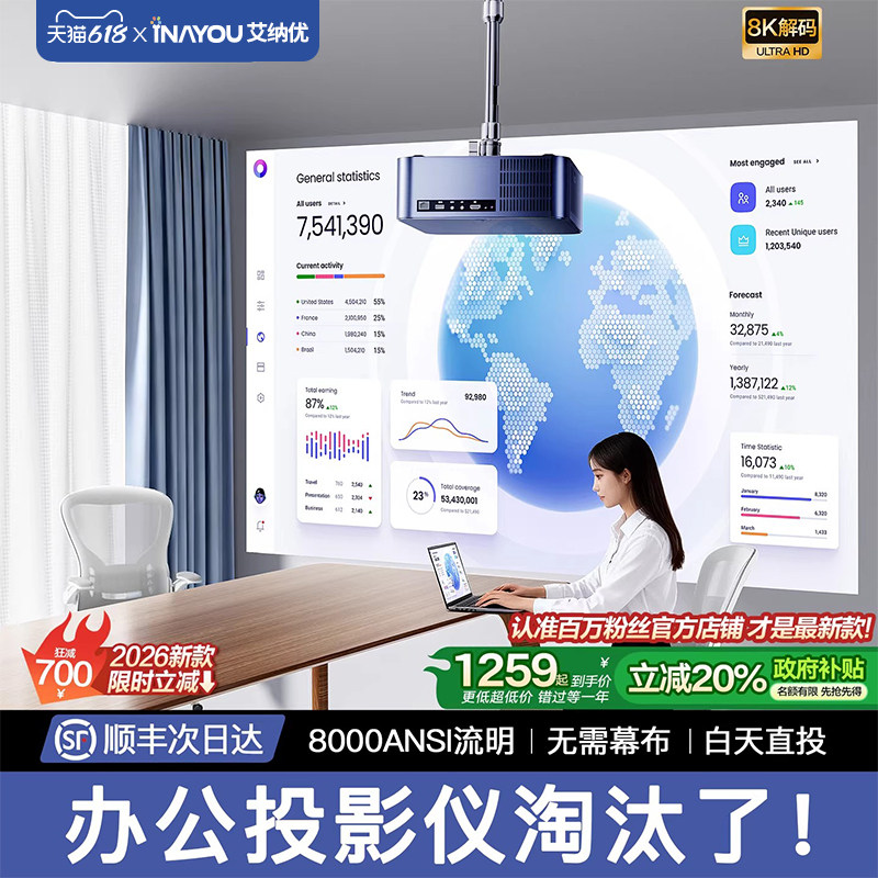 【政府补贴20％】投影仪家用超高清办公室会议商用投屏器吊装可连手