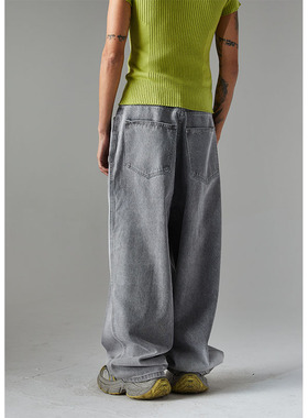 (部分断码特价）牛仔渐变水洗宽松长裤 灰色牛仔长裤