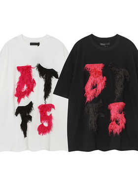 (部分断码特价）皮草刺绣工艺宽松T恤