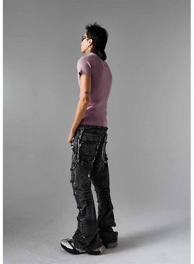 (部分断码特价）裁剪拼接RO版型拖地喇叭牛仔长裤