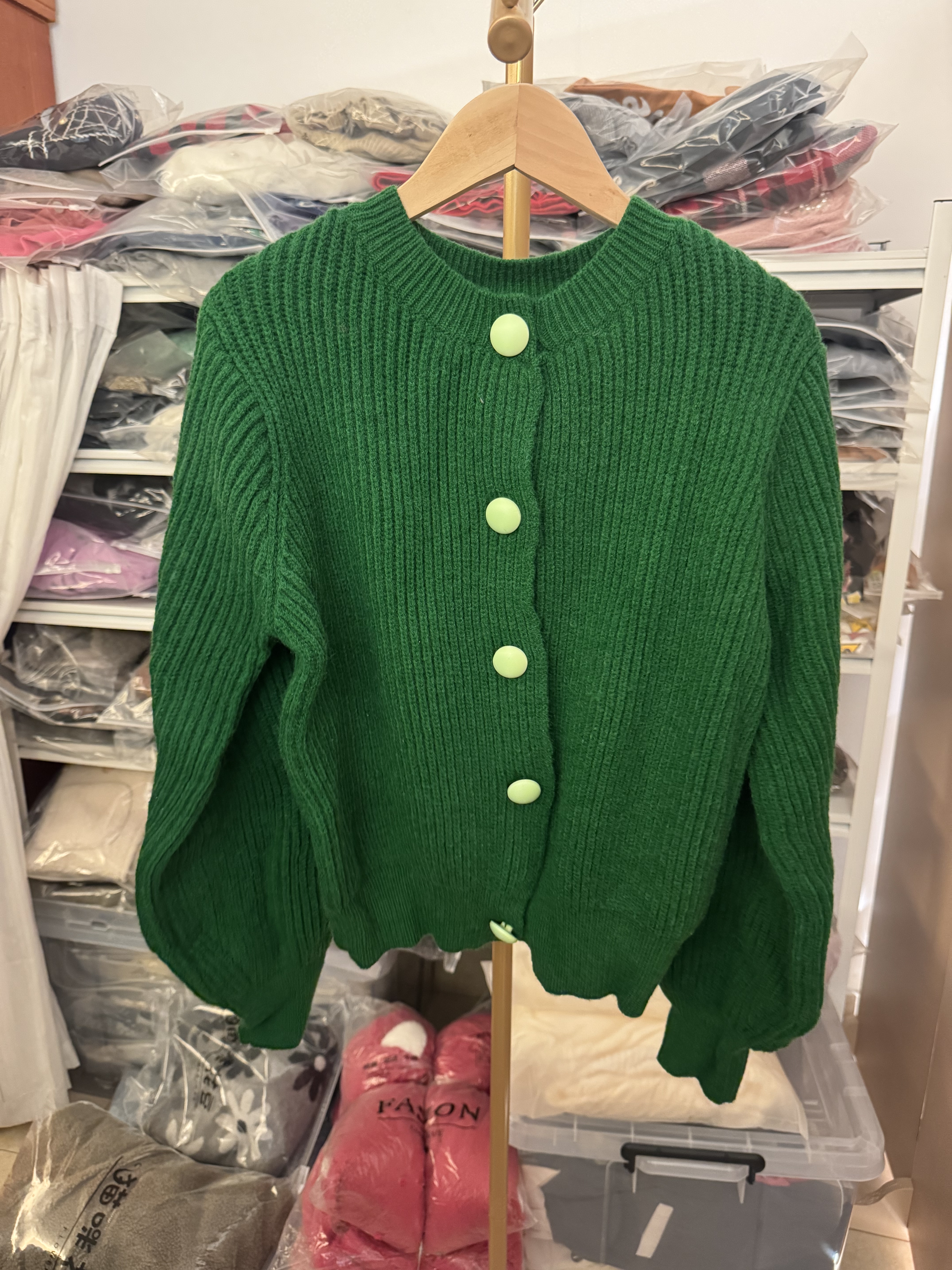 韩国东大门绿色针织灯笼袖毛衣开衫