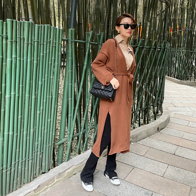 韩国设计师新款风衣款针织开衫过膝系带开衩宽松显瘦毛衣外套