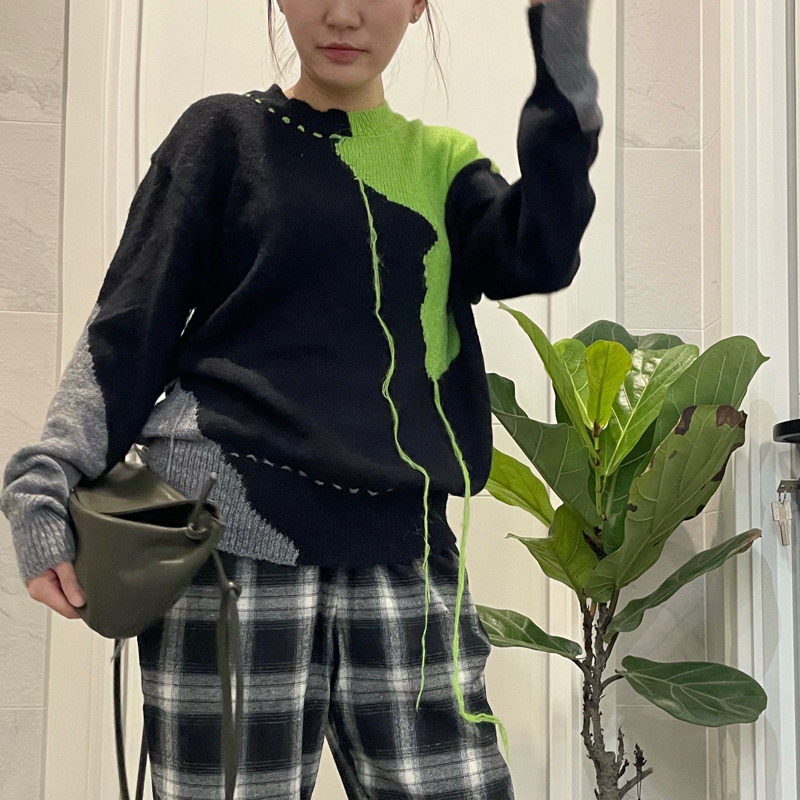 韩国女装拼接针织上衣薄宽松流苏马海毛毛衣圆领套头秋冬设计新款