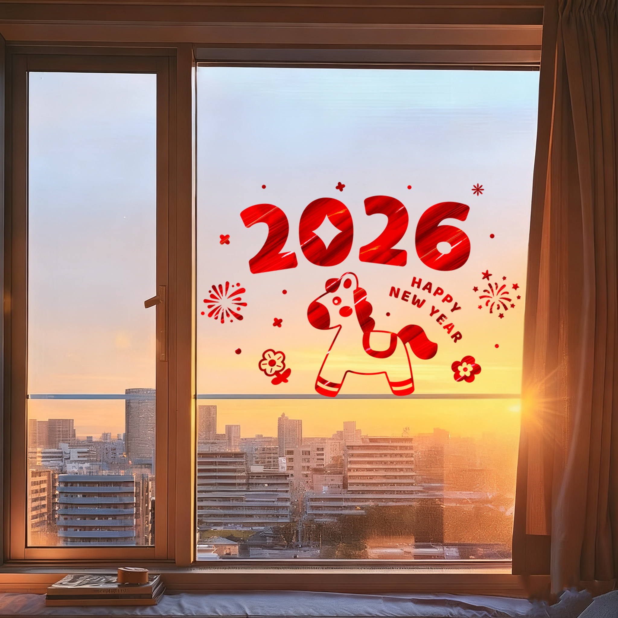 2026新年马年玻璃静电门贴纸窗贴画装饰春节过年喜庆年画家用窗花