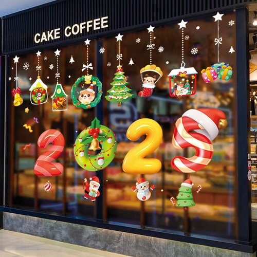 2025新年圣诞树挂饰店铺玻璃门贴纸圣诞节礼物场景氛围布置橱窗贴