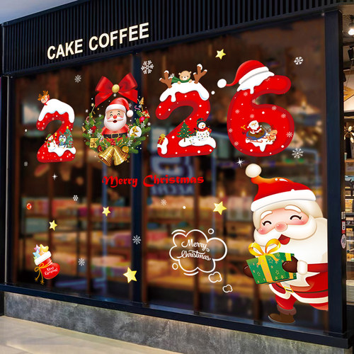 2026圣诞节装饰品圣诞老人玻璃门贴纸新年店铺场景布置橱窗贴窗花