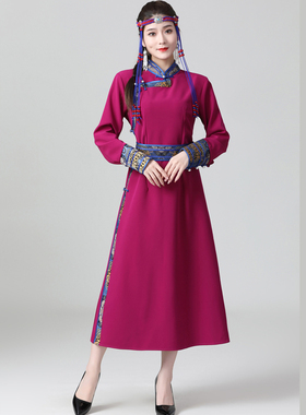 秋季女士蒙古族服装长款日常生活装手工蒙族礼服民族舞蹈演出服裙