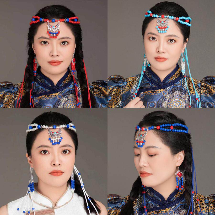 蒙古族串珠珠发带长流苏蒙古舞蹈演出头饰编织头带少数民族头饰