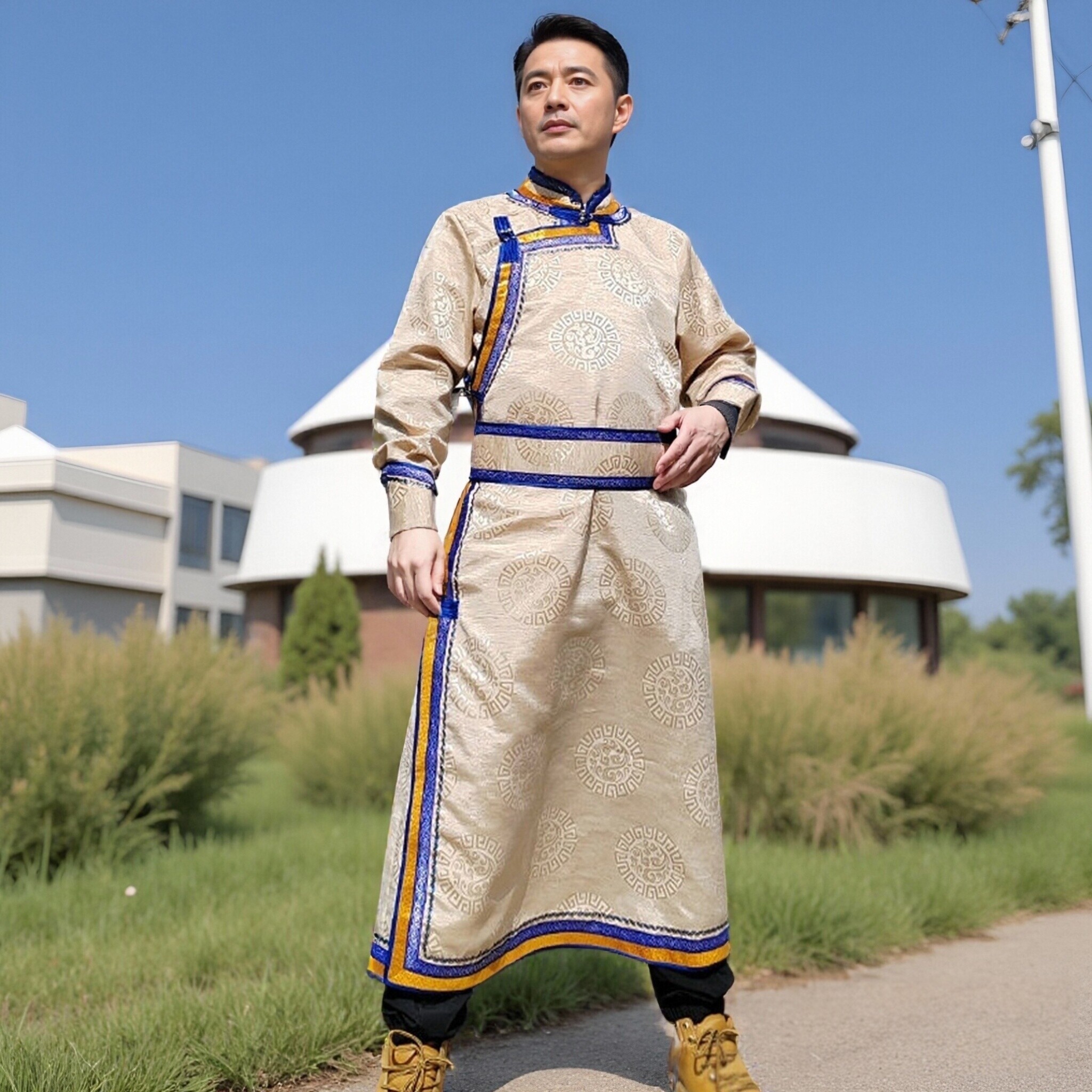 新款蒙古服装男士长款蒙古袍秋季蒙族日常生活装民族舞蹈演出服装